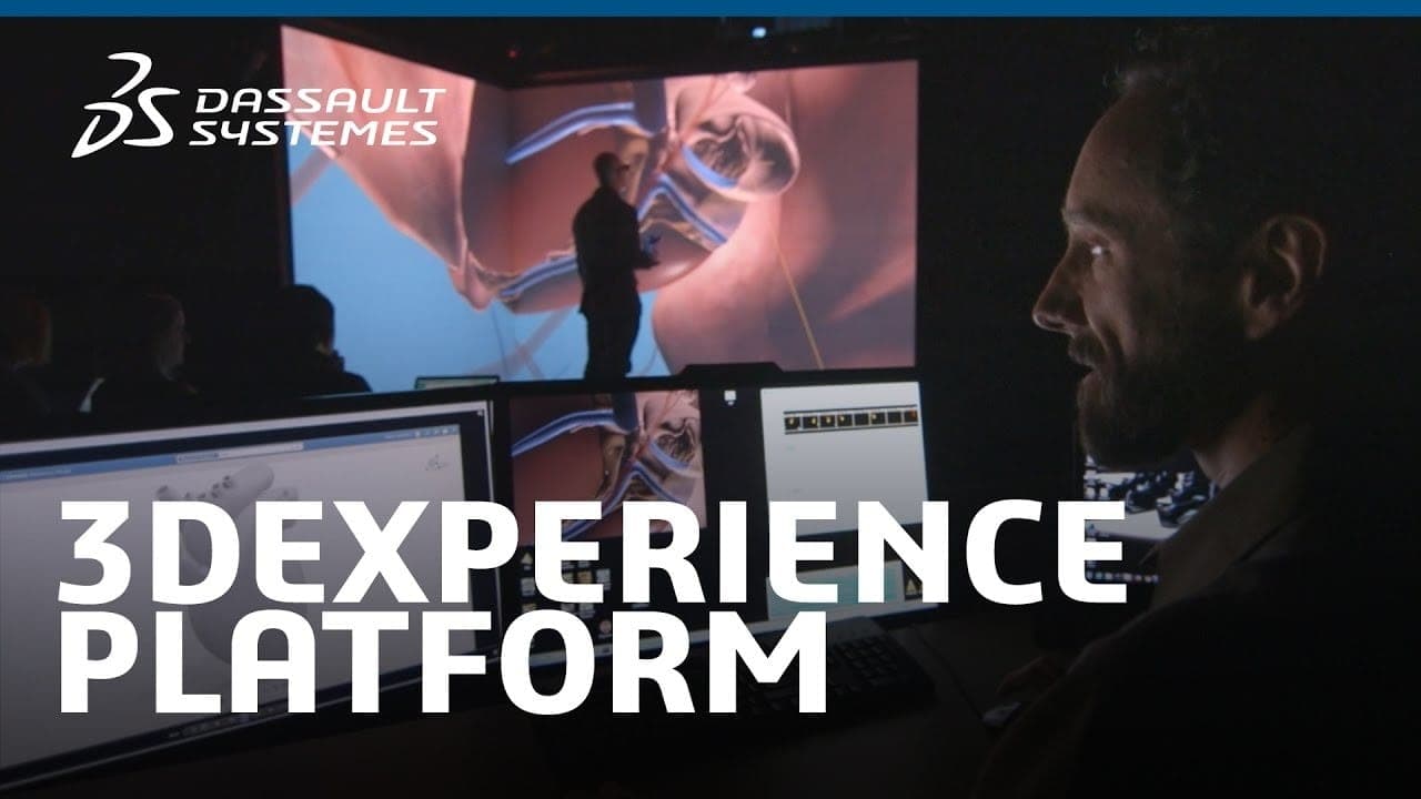 Visual workflow diagrams and engineering models illustrating 3DEXPERIENCE platform capabilities.