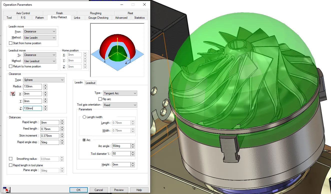 CAMWorks multi-axis clearance areas display in machining software
