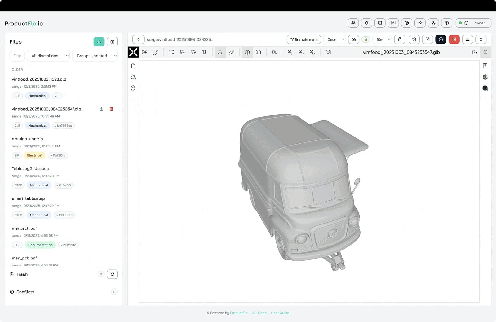 ProductFlo.io web app: versioned file list tagged by discipline beside a 3D viewer showing a food truck model on branch main