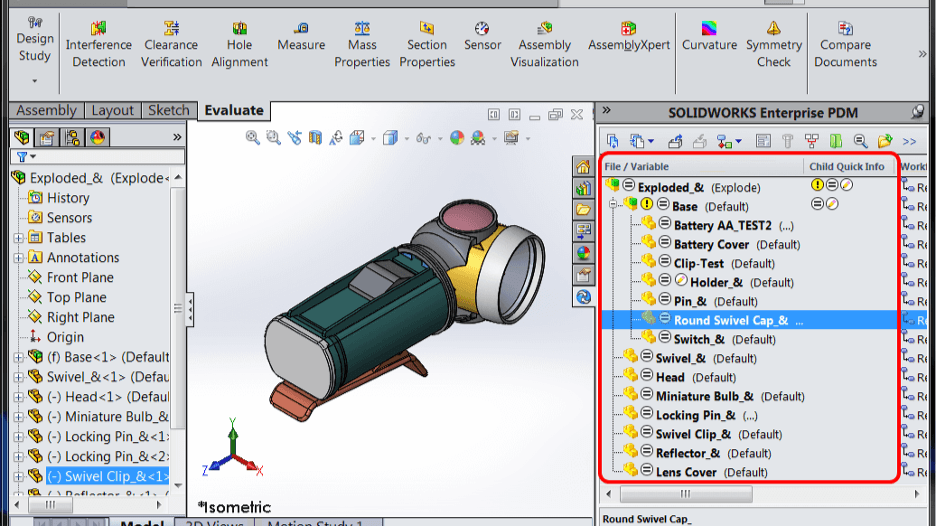 SOLIDWORKS with the Enterprise PDM task pane listing a flashlight assembly's files and child references beside the 3D model
