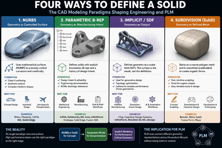 CAD modeling paradigms — NURBS, parametric, implicit SDF, and subdivision surface approaches to defining geometry