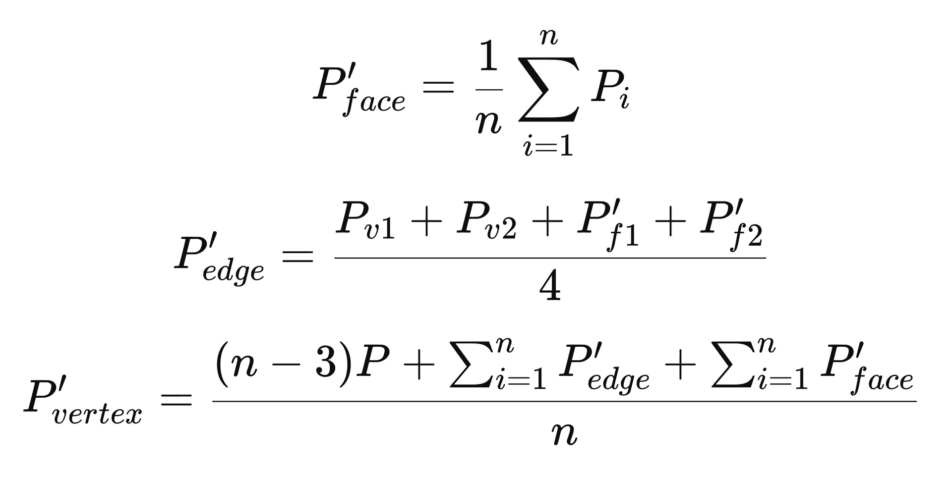 Catmull-Clark subdivision rules — face point, edge point, and vertex point update equations that converge the control mesh to a C² smooth surface