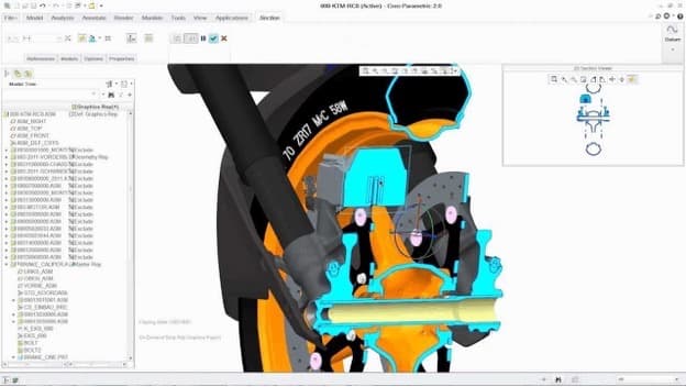 PTC Creo Parametric — feature-based parametric modeling environment showing the model tree and 3D geometry viewport