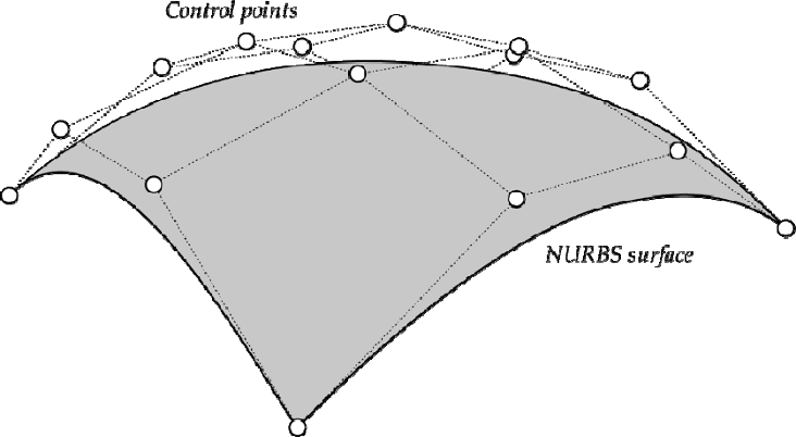 NURBS surface with control point lattice — moving any control point reshapes only the adjacent spans due to local support