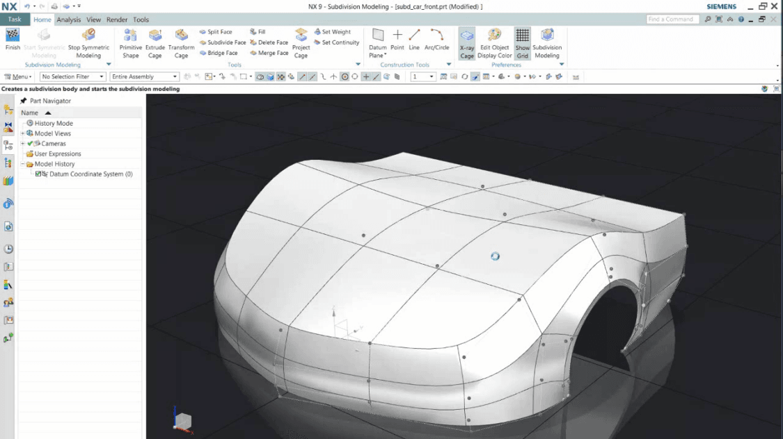 Siemens NX — automotive body development in NX CAD, showing the surface modeling and feature tree environment
