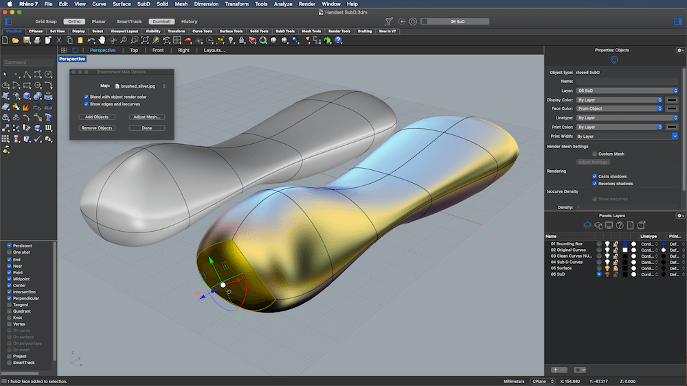 Rhino 3D v7 — SubD modeling environment showing a subdivision surface alongside a NURBS surface for smooth continuity comparison
