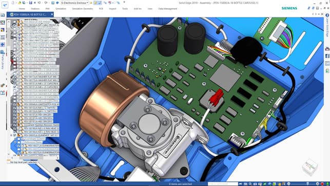 Solid Edge PCB Design 2019 — Solid Edge environment showing integrated PCB and mechanical enclosure design with Parasolid-based modeling