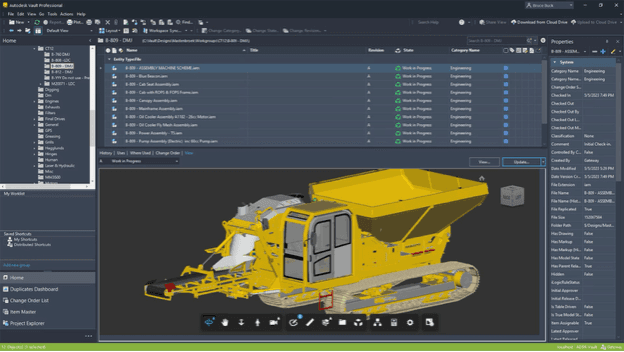 Autodesk Vault Professional client listing Inventor assembly files in Work in Progress state, with a 3D preview of a yellow tracked machine and a properties panel